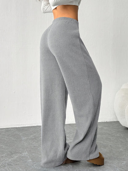 Effortless Ribbed Knit Wide Leg Pants for Women with High Waist Drawstring Relaxed Flowing Casual Style