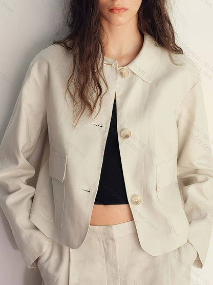 Elegant Apricot Wide Leg Set for Women with Collar Long Sleeve Button Front Cropped Jacket Two Piece Style