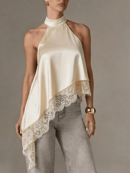 Irregular Patchwork Lace Neckline Halter Top, Women's Elegant Vest