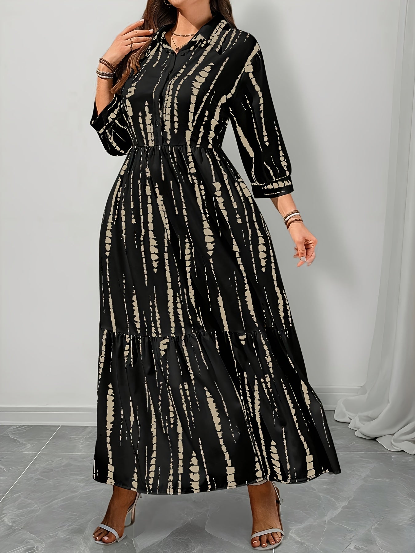 Elegant Black Tie Dye Maxi Shirt Dress for Women with Collar Elbow Sleeve Tiered Button Front Flowing Style