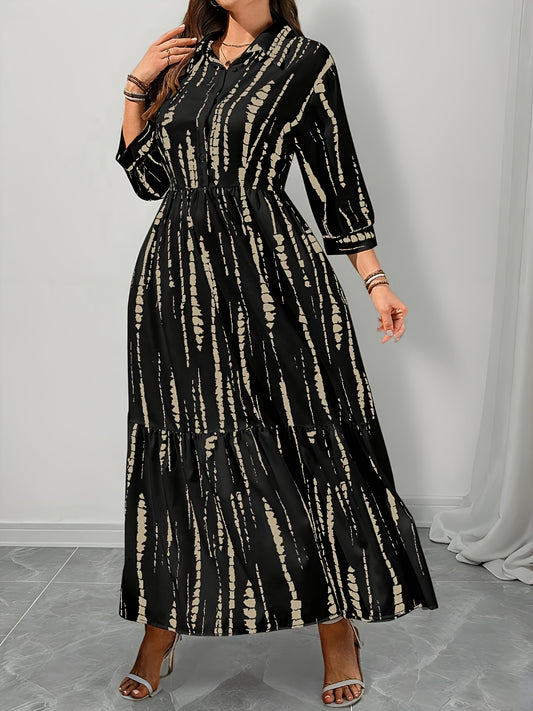 Elegant Black Tie Dye Maxi Shirt Dress for Women with Collar Elbow Sleeve Tiered Button Front Flowing Style