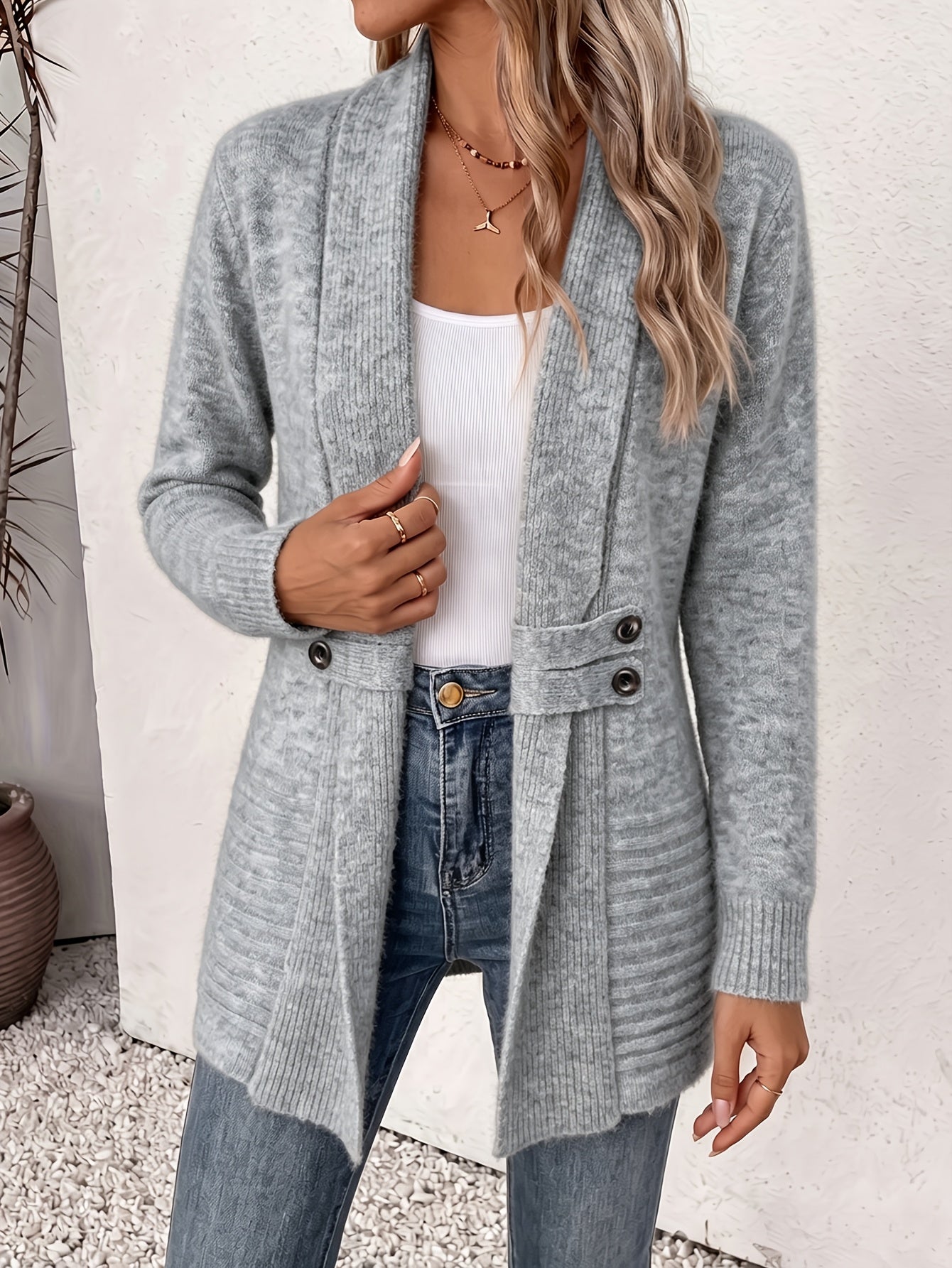 Comfortable Ribbed Knit Cardigan Sweater for Women with Shawl Collar Long Sleeve Button Detail Casual Style
