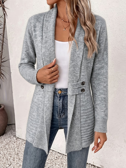 Comfortable Ribbed Knit Cardigan Sweater for Women with Shawl Collar Long Sleeve Button Detail Casual Style