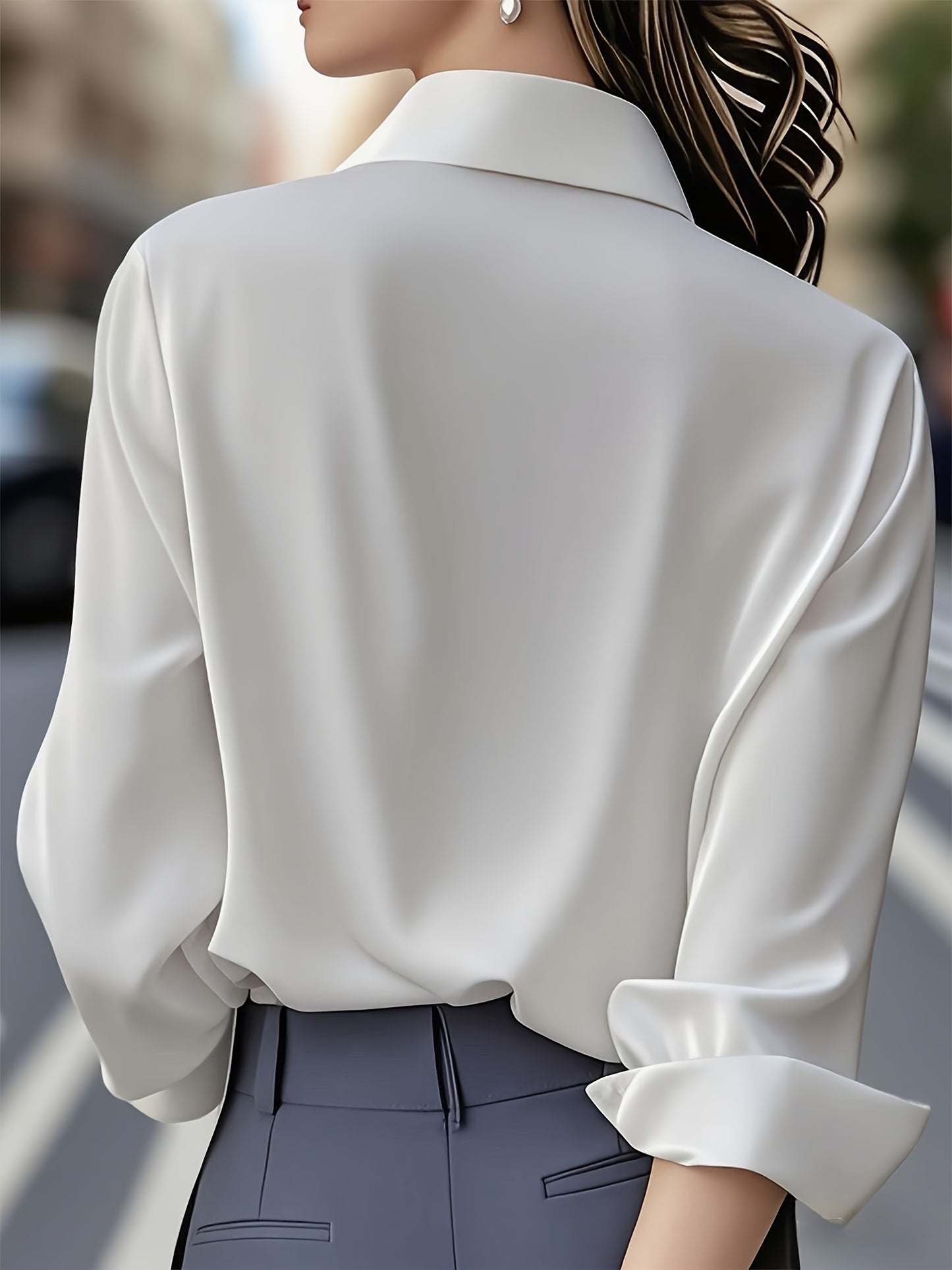 Elegant Satin Blouse for Women with Collar Long Sleeve Button Front Relaxed Silky Style