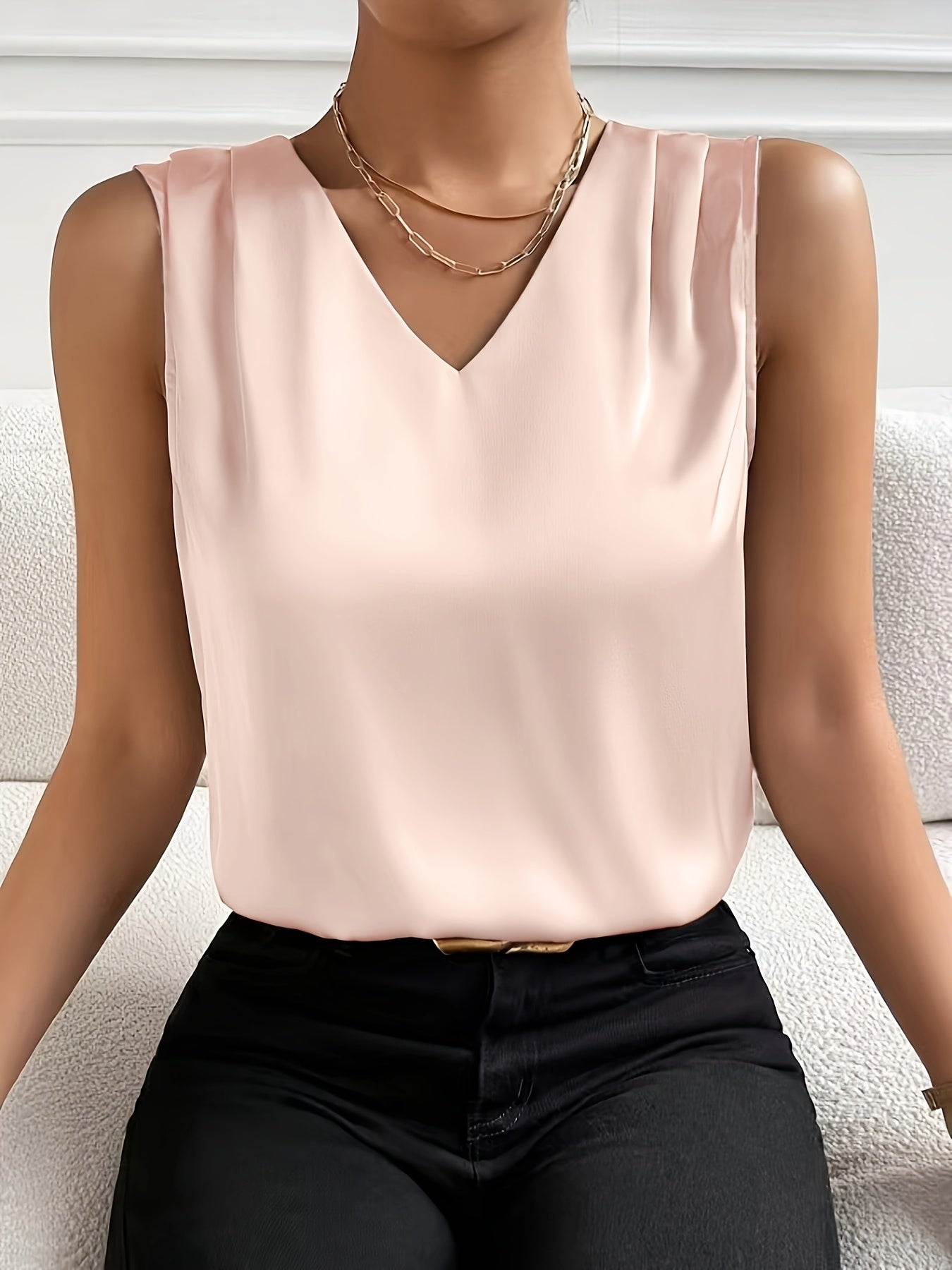 Elegant Satin Blouse for Women with V Neck Sleeveless Pleated Shoulder Silky Style