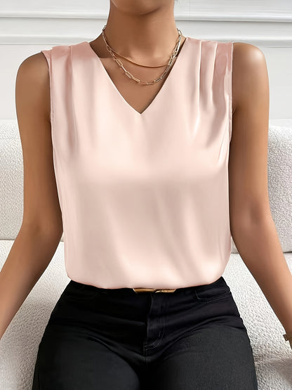 Elegant Satin Blouse for Women with V Neck Sleeveless Pleated Shoulder Silky Style