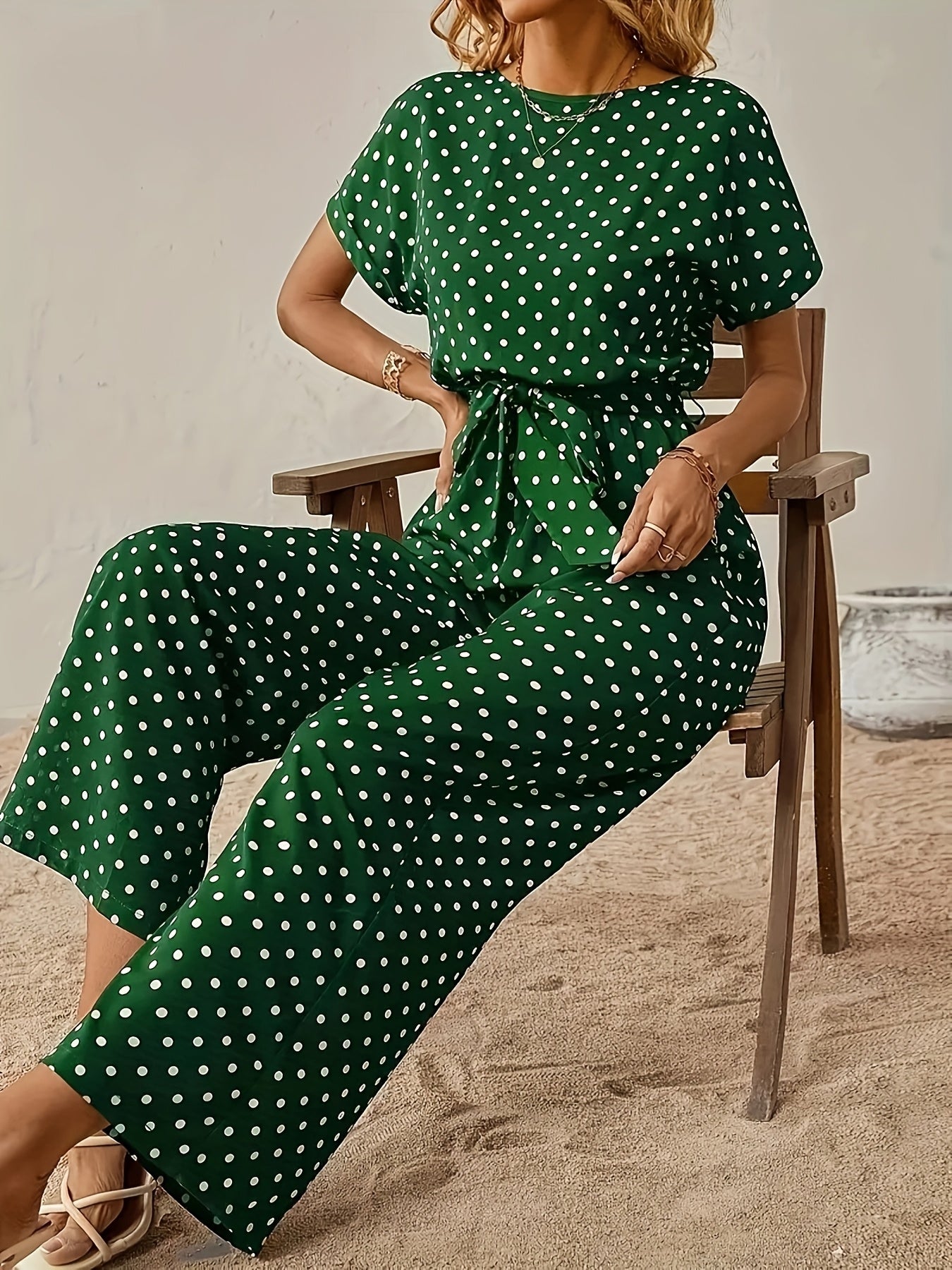 Effortless Polka Dot Jumpsuit for Women with Boat Neck Short Sleeve Belted Wide Leg Style