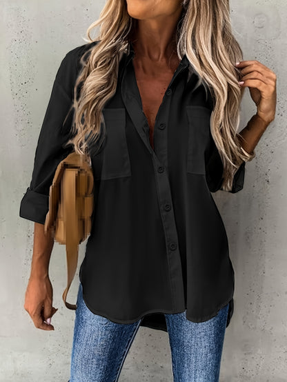 Effortless Button Front Blouse for Women with Collar Long Sleeve Chest Pocket Relaxed Style