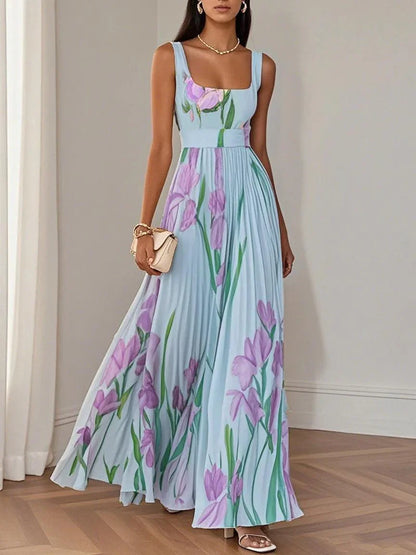 Elegant Floral Maxi Dress for Women with Square Neck Sleeveless Pleated Belted Wedding Guest Style