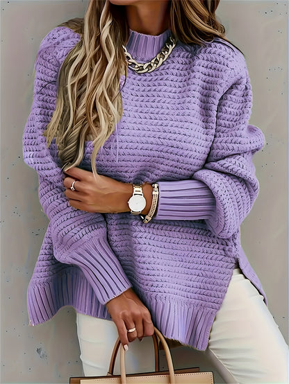 Comfortable Textured Knit Sweater for Women with Mock Neck Long Sleeve Side Slit Oversized Style