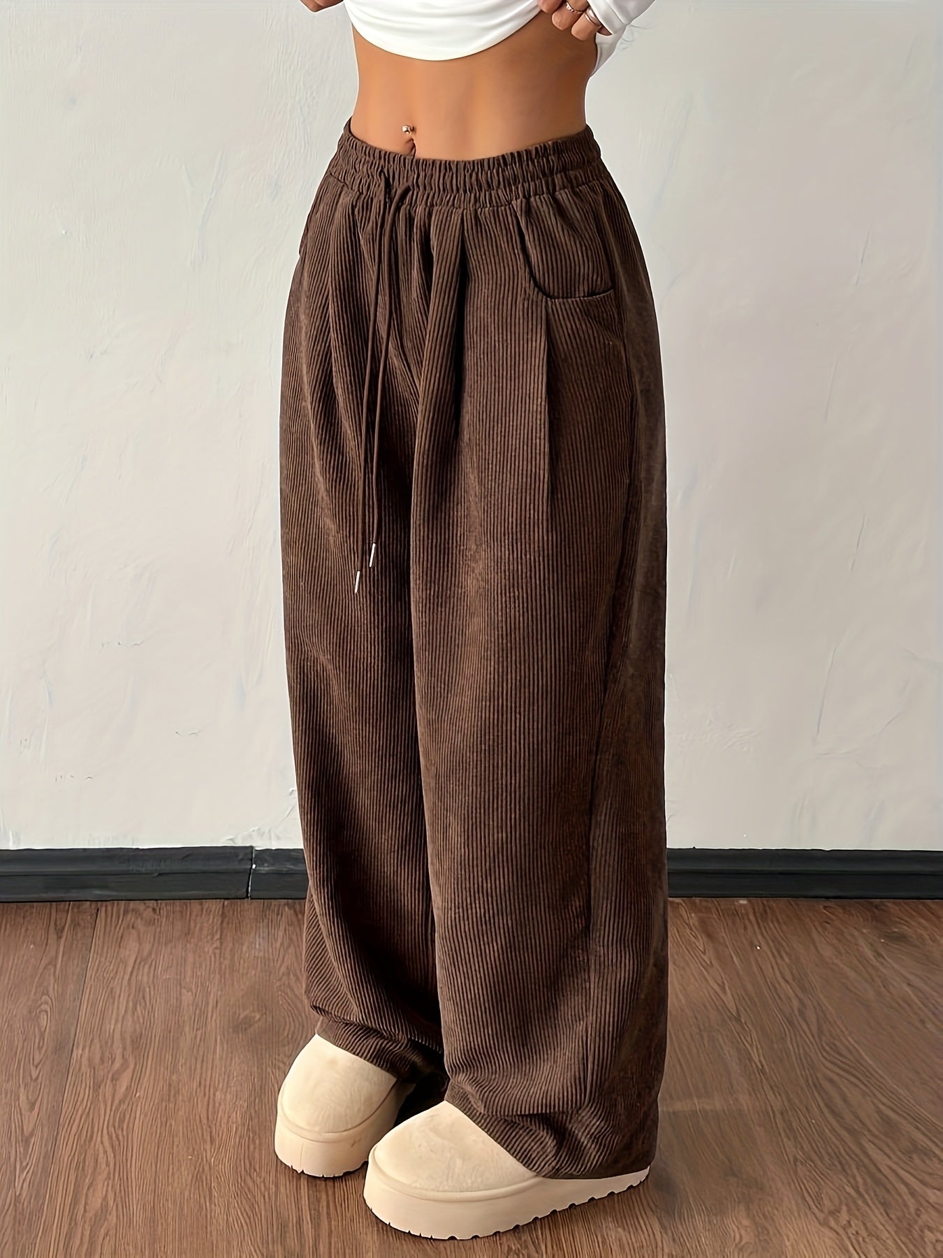 Effortless Dark Brown Corduroy Wide Leg Pants for Women with High Waist Drawstring Relaxed Casual Style