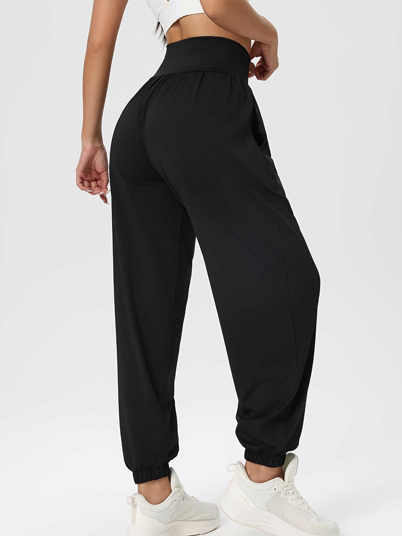 Effortless Black Jogger Pants for Women with High Waist Gathered Elastic Cuff Casual Style