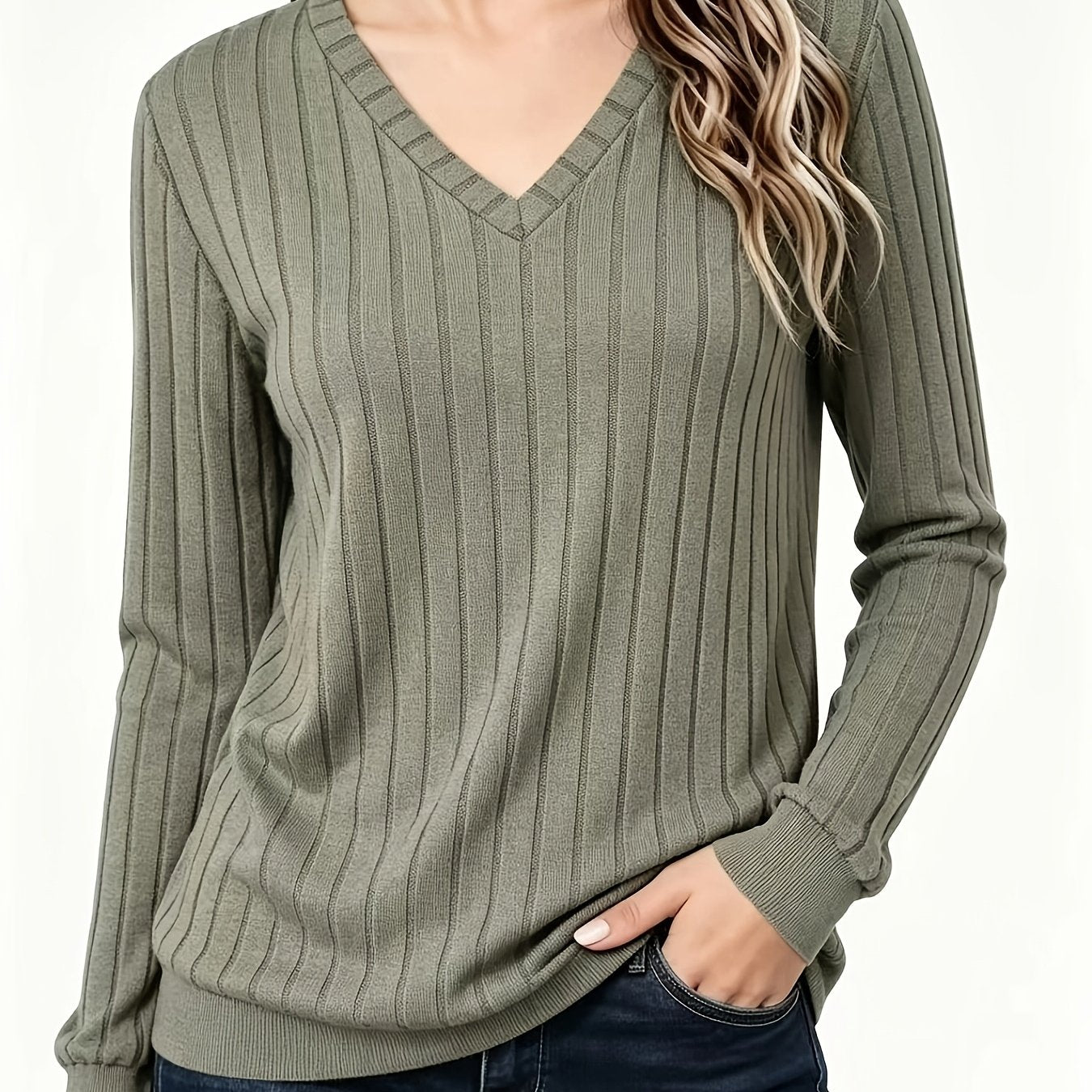 Comfortable Ribbed Knit Sweater for Women with V Neck Long Sleeve Relaxed Casual Style