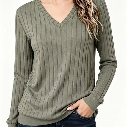 Comfortable Ribbed Knit Sweater for Women with V Neck Long Sleeve Relaxed Casual Style