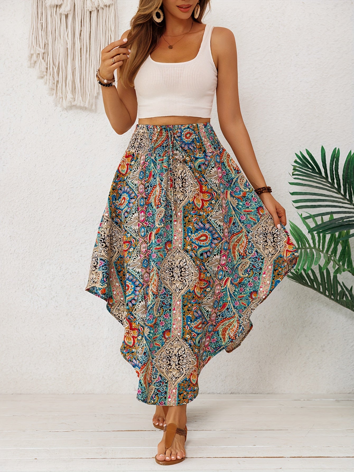 Effortless Multicolor Paisley Maxi Skirt for Women with High Waist Drawstring Handkerchief Hem Bohemian Style