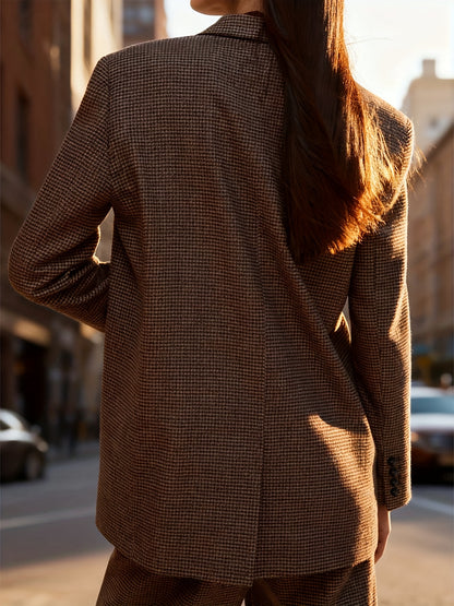 Elegant Coffee Brown Houndstooth Two Piece Set for Women with Notched Lapel Long Sleeve Blazer Shorts Casual Style