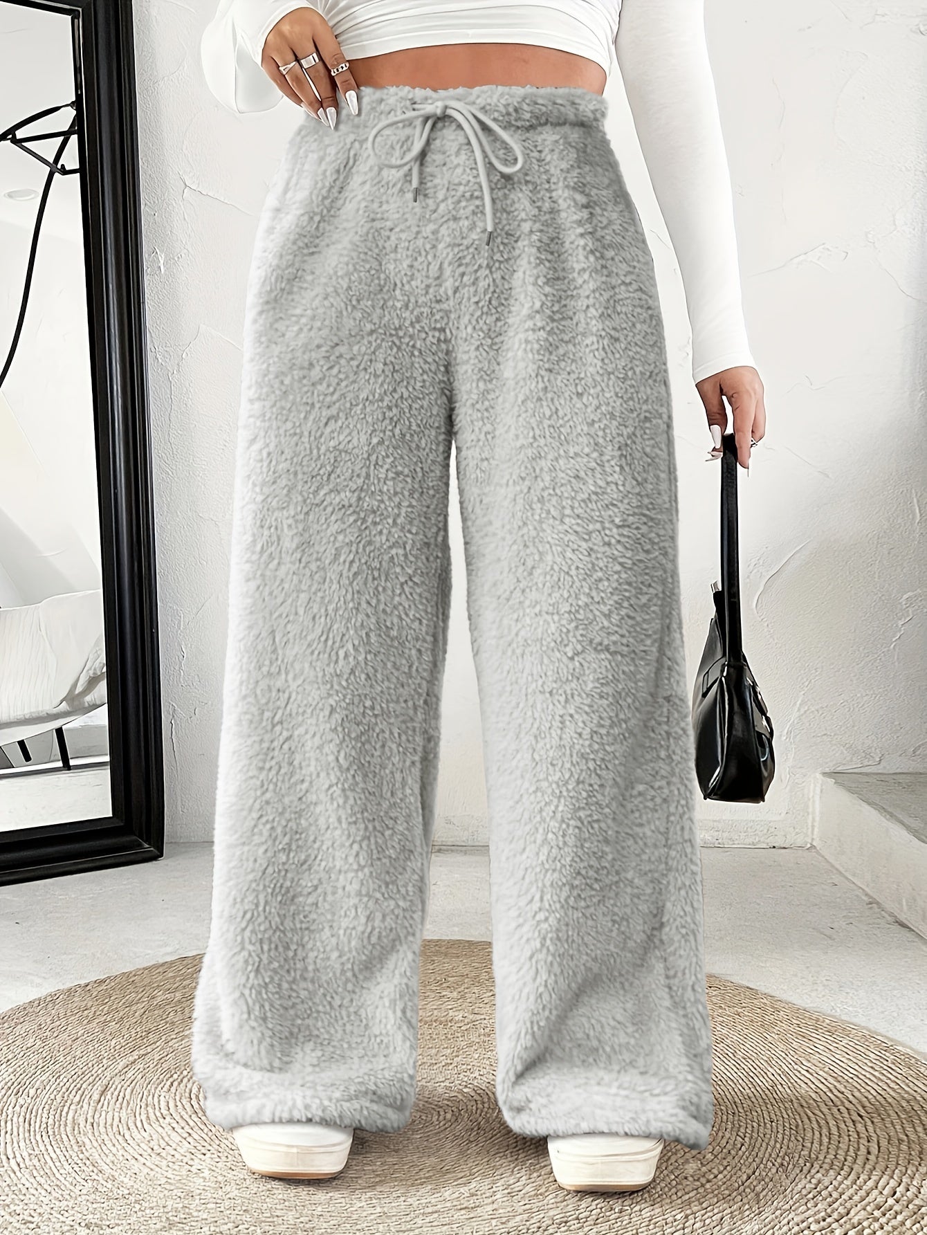 Comfortable Sherpa Wide Leg Pants for Women with High Waist Drawstring Relaxed Flowing Casual Style