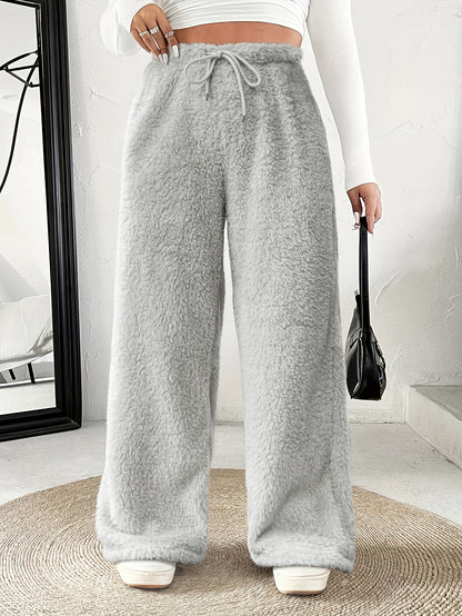 Comfortable Sherpa Wide Leg Pants for Women with High Waist Drawstring Relaxed Flowing Casual Style