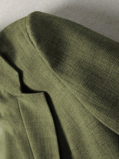 Elegant Fern Green Tweed Blazer for Women with Notch Lapel Long Sleeve Striped Cuff Longline Style