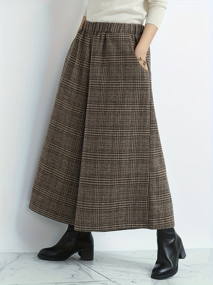 Effortless Plaid Wide Leg Pants for Women with Elastic Waist Pocket Cropped Culotte Style