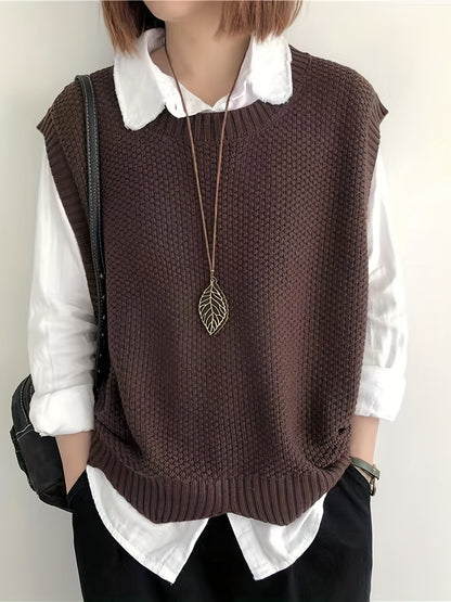 Comfortable Chunky Knit Sweater Vest for Women with Crew Neck Sleeveless Ribbed Trim Oversized Style
