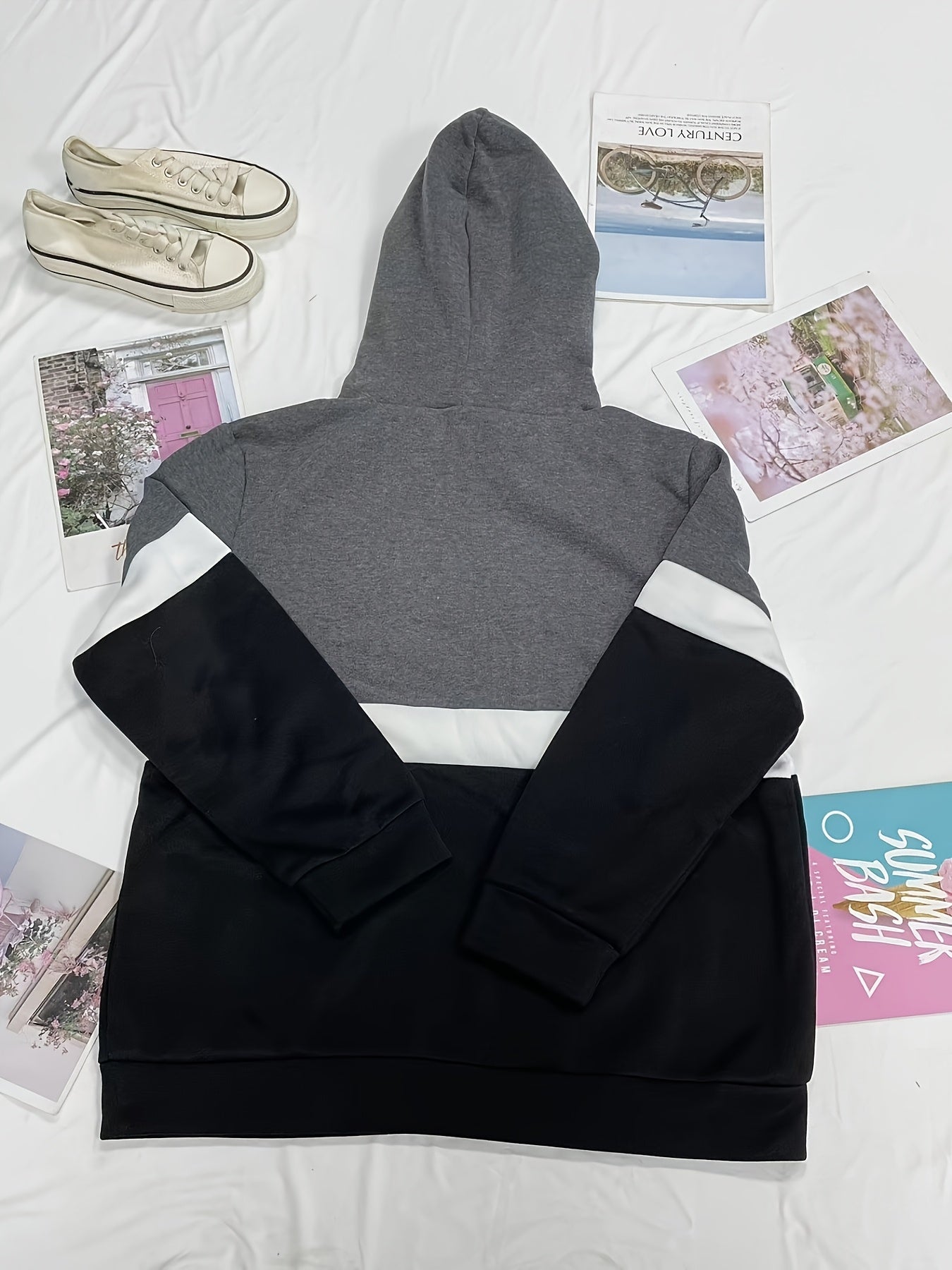 New Autumn Winter Color-Block Hooded Casual Sweatshirt Fashion Loose Lazy Style Jacket Long Sleeve Top