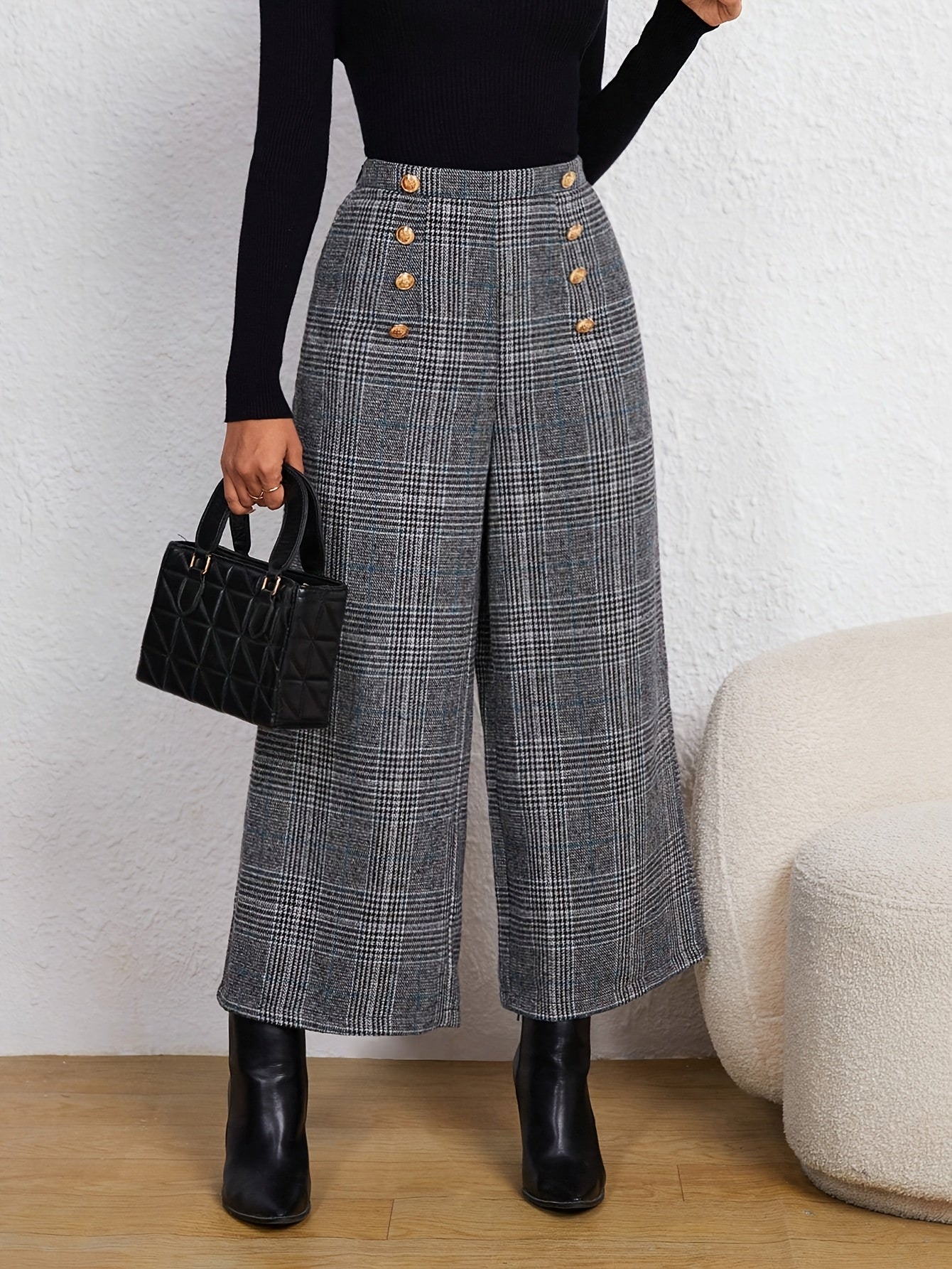 Elegant Grey Houndstooth Wide Leg Pant for Women with High Waist Button Front Cropped Tailored Style