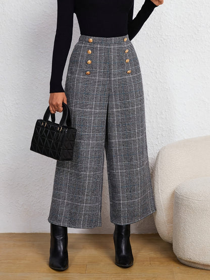 Elegant Grey Houndstooth Wide Leg Pant for Women with High Waist Button Front Cropped Tailored Style