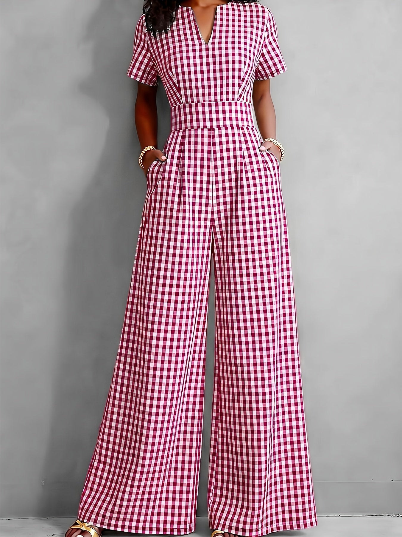 Effortless Gingham Wide Leg Jumpsuit for Women with V Neck Short Sleeve Fitted Waist Pocket Style