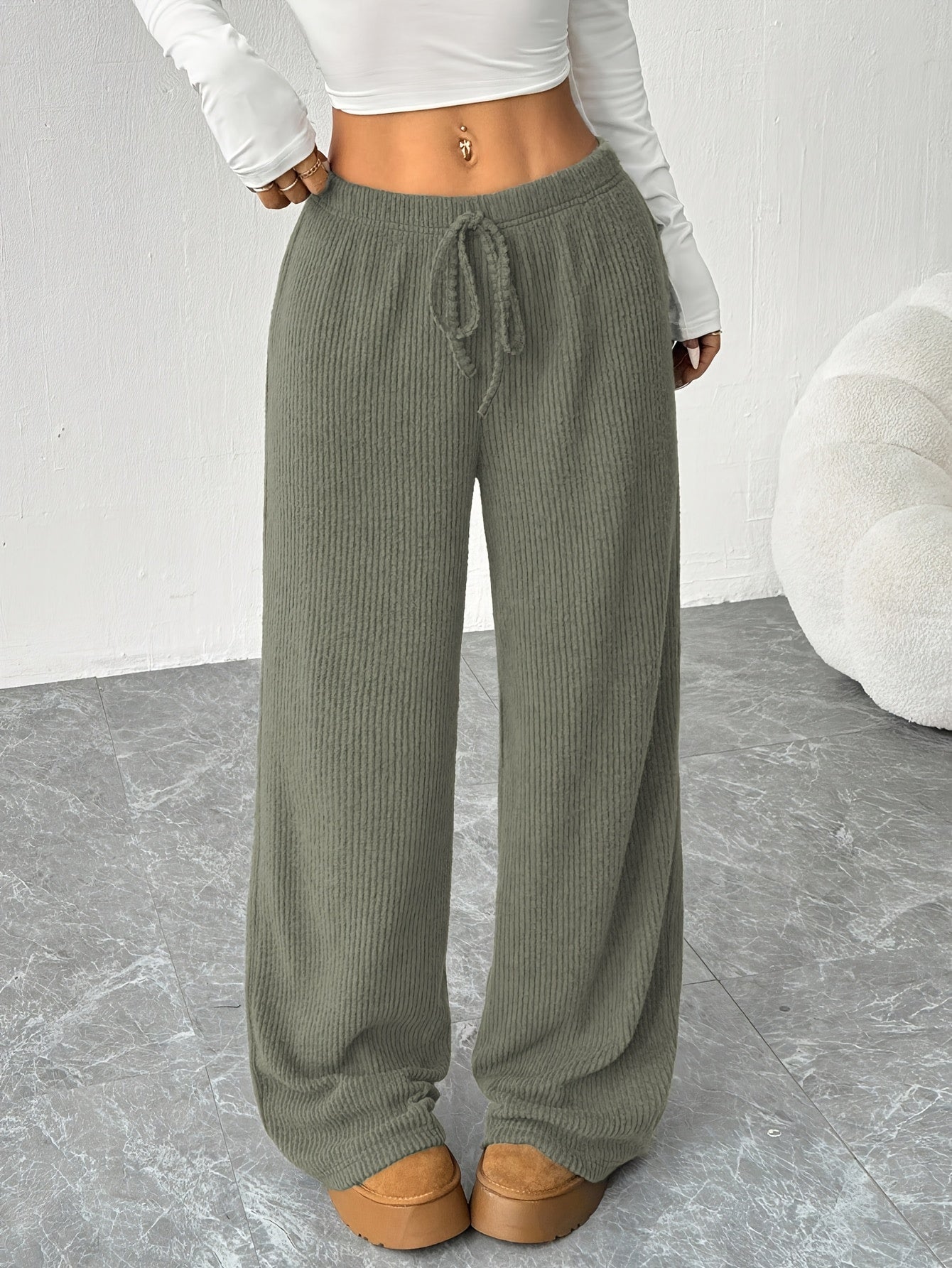 Effortless Ribbed Knit Wide Leg Pants for Women with High Waist Drawstring Relaxed Flowing Casual Style