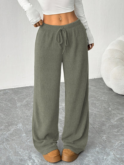 Effortless Ribbed Knit Wide Leg Pants for Women with High Waist Drawstring Relaxed Flowing Casual Style