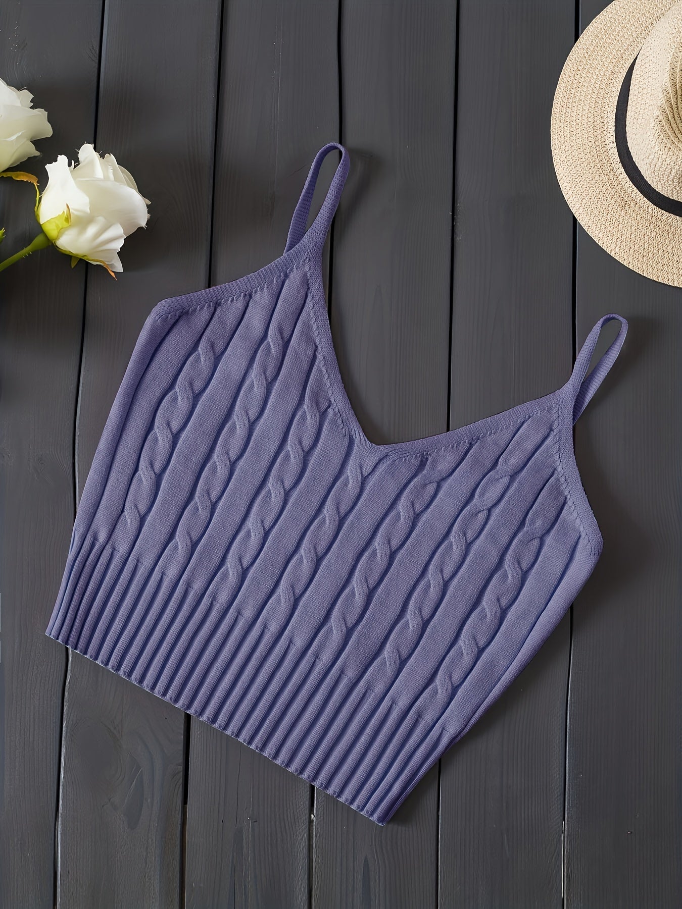 Effortless Cable Knit Crop Top for Women with V Neck Sleeveless Ribbed Fitted Tank Style