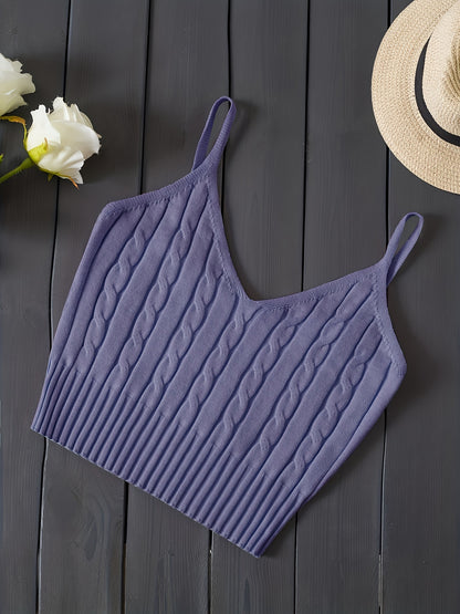 Effortless Cable Knit Crop Top for Women with V Neck Sleeveless Ribbed Fitted Tank Style