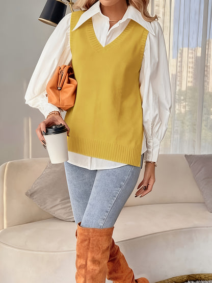 Comfortable Sweater Vest for Women with V Neck Sleeveless Ribbed Trim Oversized Knit Style