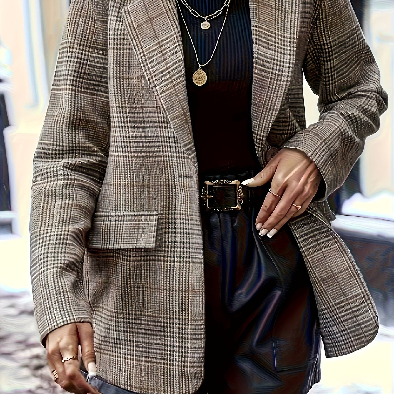 Elegant Plaid Blazer for Women with Notch Lapel Long Sleeve Oversized Relaxed Casual Style