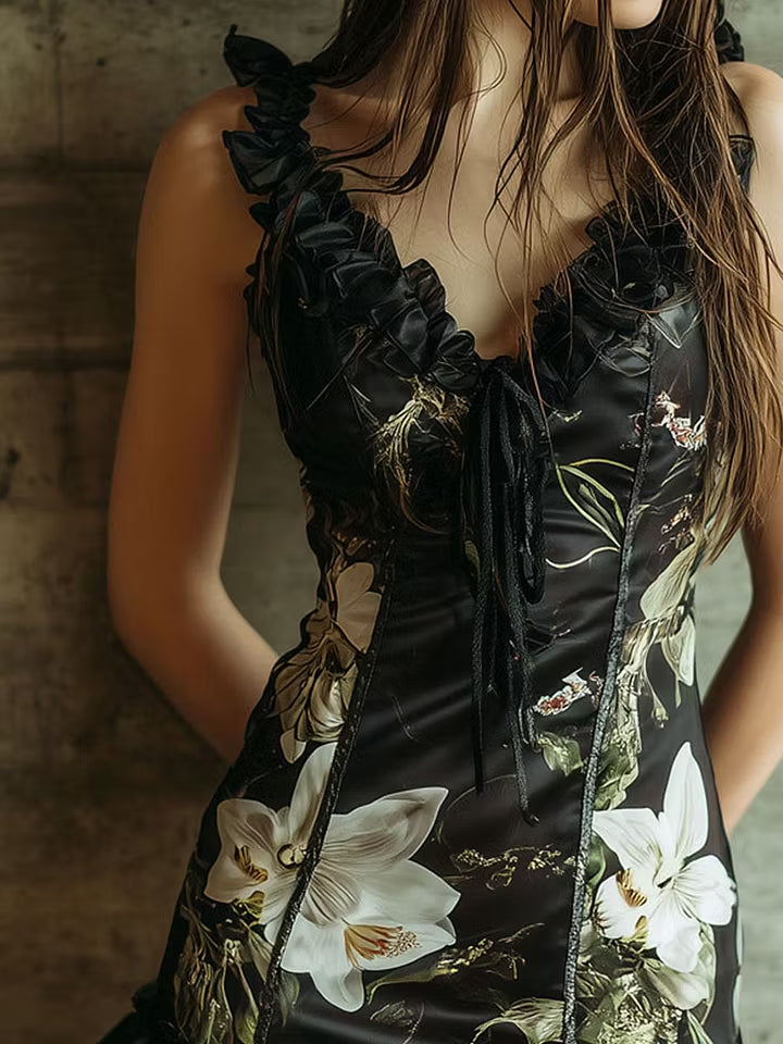 Elegant Black Floral Corset Mini Dress for Women with Ruffle Trim Mesh Hem