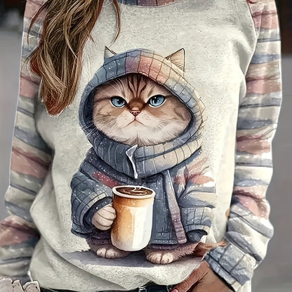 Comfortable Apricot Cat Print Sweatshirt for Women with Crew Neck Long Sleeve Striped Raglan Casual Style