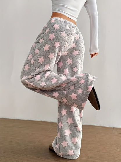 Comfortable Grey Star Print Fleece Pajama Pants for Women with High Waist Drawstring Wide Leg Cozy Style
