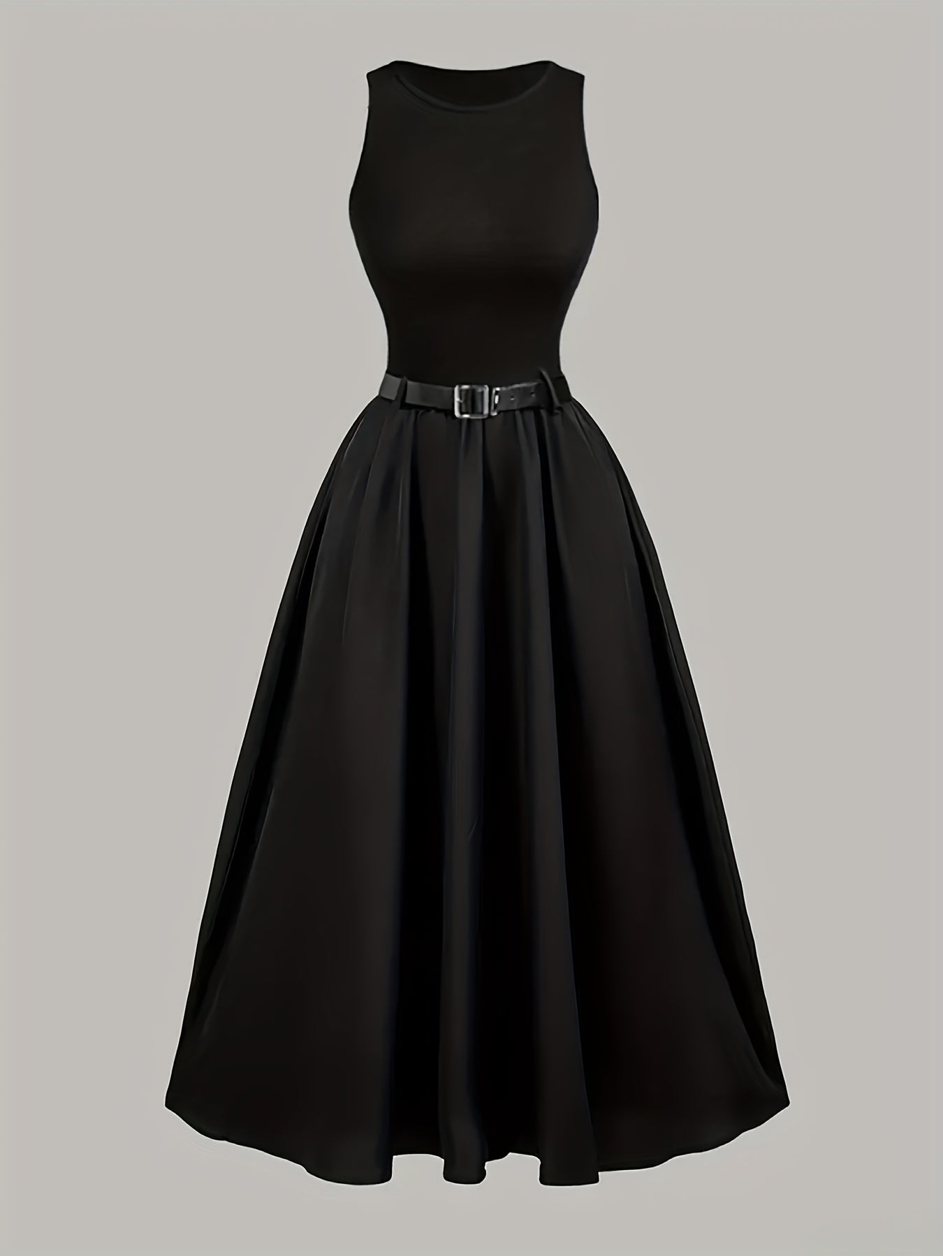 Elegant Black Satin Midi Dress for Women with Round Neck Sleeveless Belted Flared Style