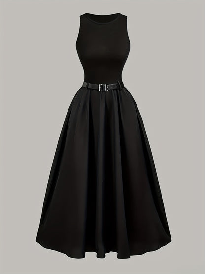 Elegant Black Satin Midi Dress for Women with Round Neck Sleeveless Belted Flared Style