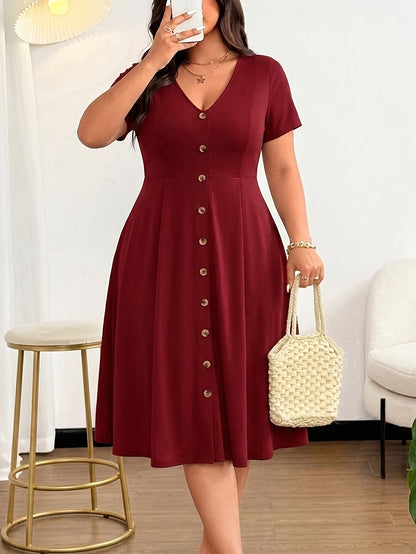 Elegant Burgundy Button Front Midi Dress for Women with V Neck Short Sleeve Fit Flare Plus Size Style