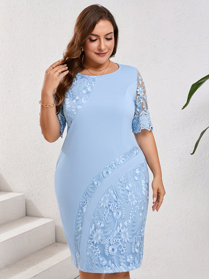 Elegant Lace Panel Sheath Dress for Women with Round Neck Scalloped Sleeve Bodycon Plus Size Style