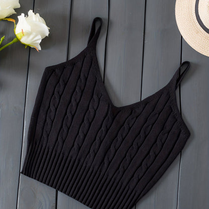 Effortless Cable Knit Crop Top for Women with V Neck Sleeveless Ribbed Fitted Tank Style