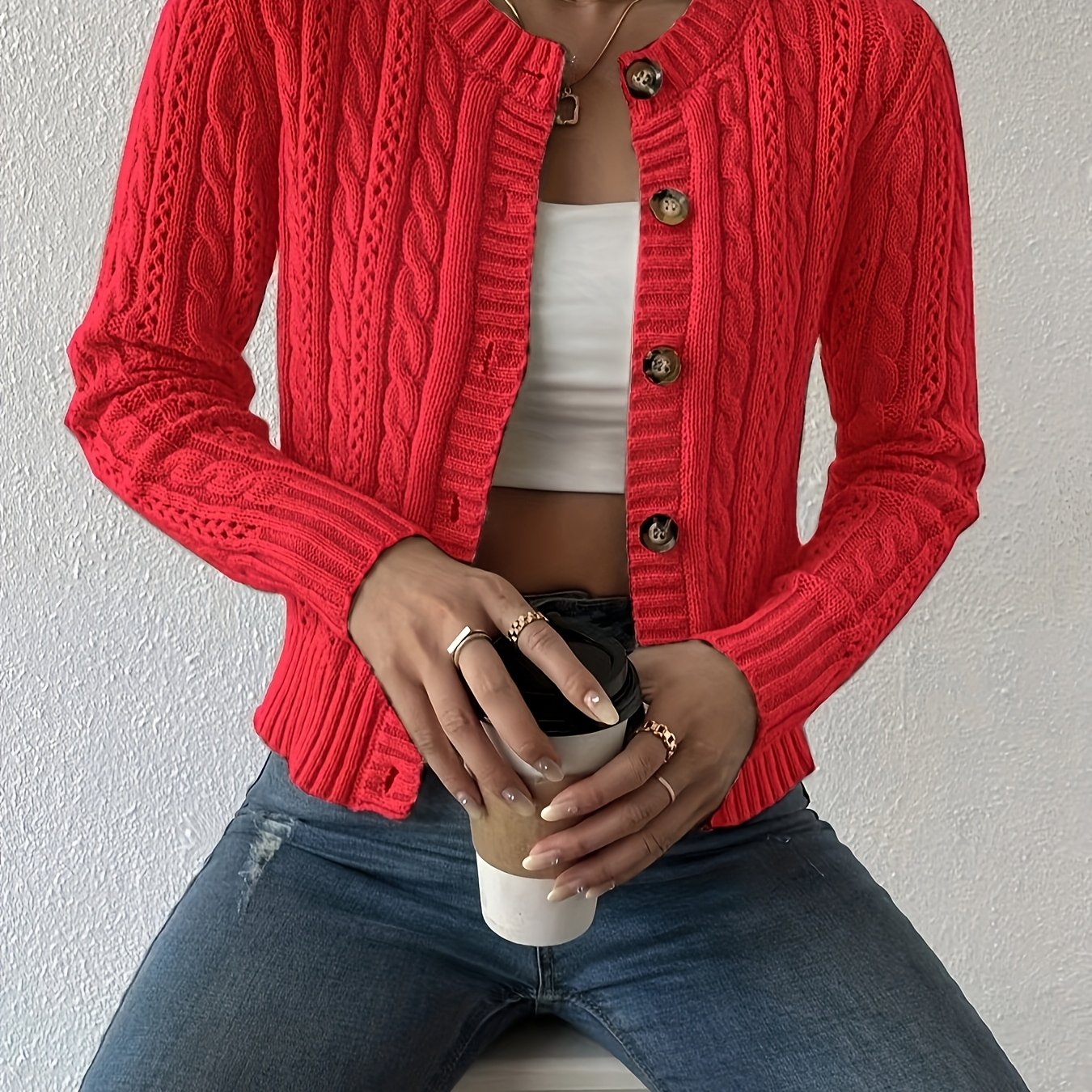 Comfortable Cable Knit Cardigan for Women with Crew Neck Long Sleeve Button Front Cropped Casual Style
