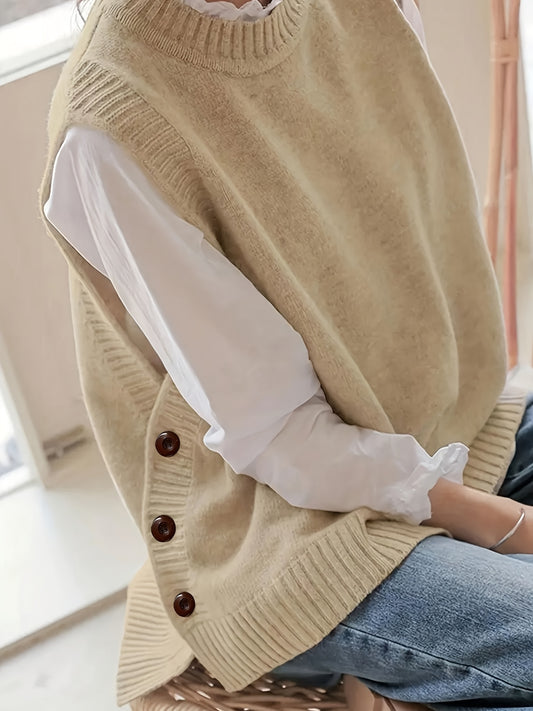 Comfortable Knit Sweater Vest for Women with Mock Neck Sleeveless Side Button Relaxed Style
