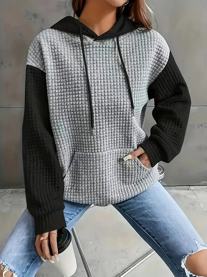 Autumn/Winter European and American Fashion Trendy Wide Fit Casual Loose Color Block Patchwork Pullover Hooded Versatile Sweatshirt Jacket for Women