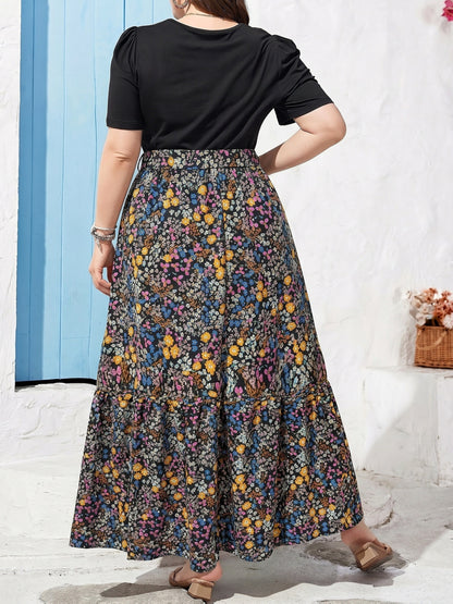 Elegant Black Heart Print Maxi Dress for Women with Round Neck Short Sleeve Tiered Ruffle Belted Style
