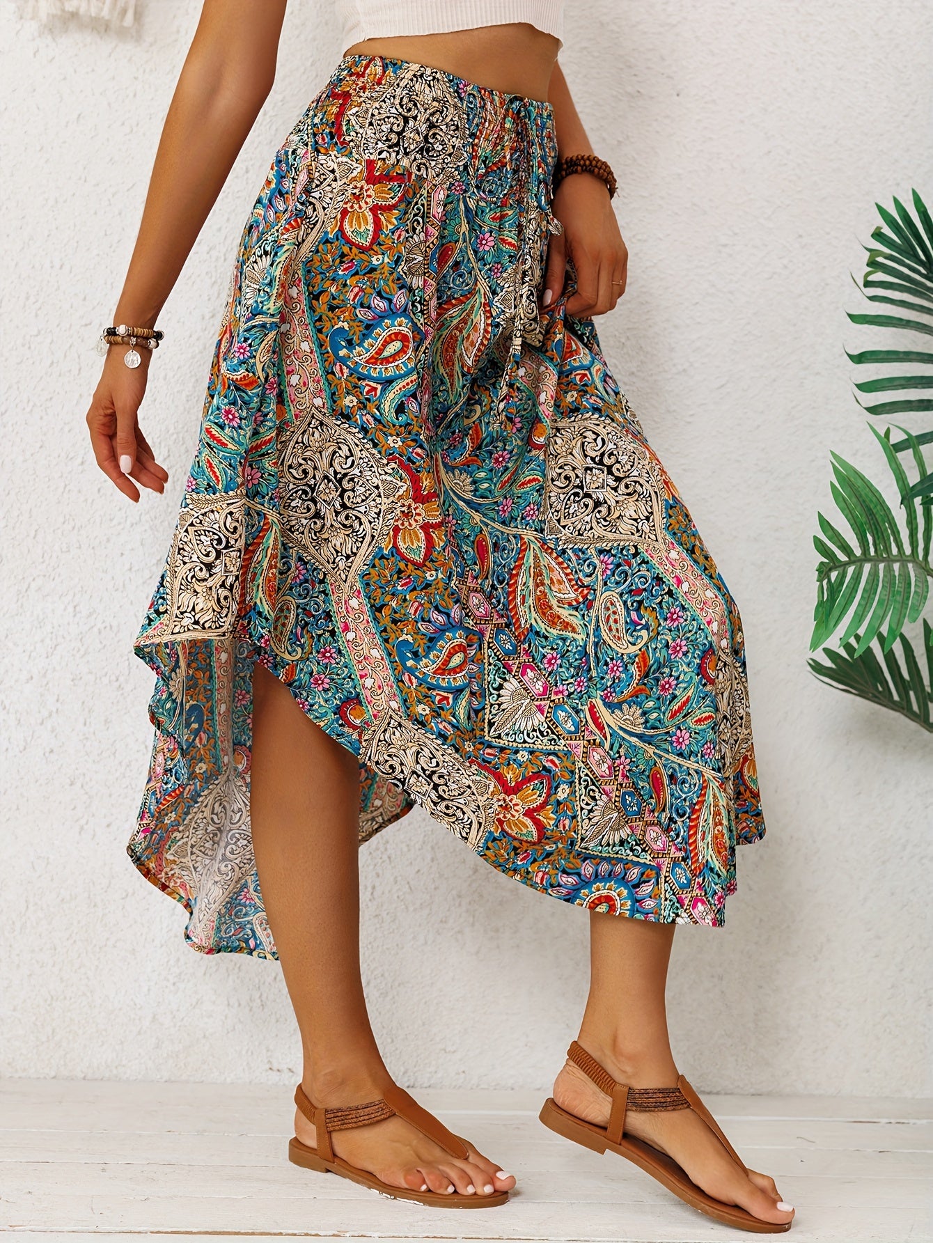 Effortless Multicolor Paisley Maxi Skirt for Women with High Waist Drawstring Handkerchief Hem Bohemian Style
