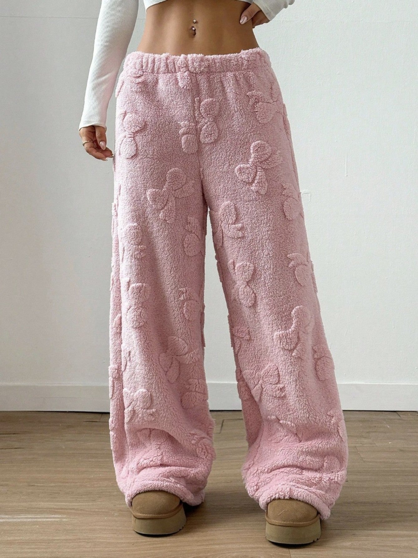 Comfortable Pink Sherpa Fleece Pants for Women with Elastic Waist Wide Leg Cozy Style