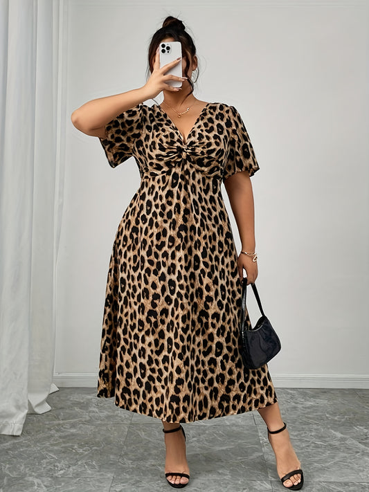 Elegant Leopard Print Midi Dress for Women with V Neck Flutter Sleeve Twist Front Flowing Style